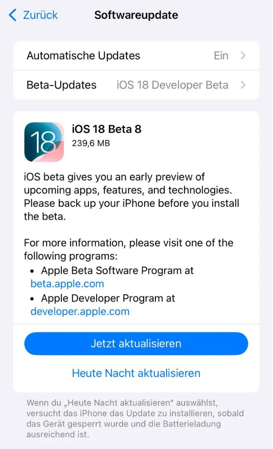 田林苹果手机维修分享苹果 iOS / iPadOS 18 开发者预览版 Beta 8 发布 